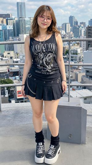 Rooftop Goth Street Fashion Portrait — Create a full-body realistic fashion portrait of a young woman, {argument name="character name" default="a cute Japanese 