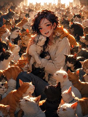 Anime Girl Surrounded by Cats — Create a vertical 3:4 anime-style illustration of {argument name="character name" default="a smiling young woman"} sitting on th