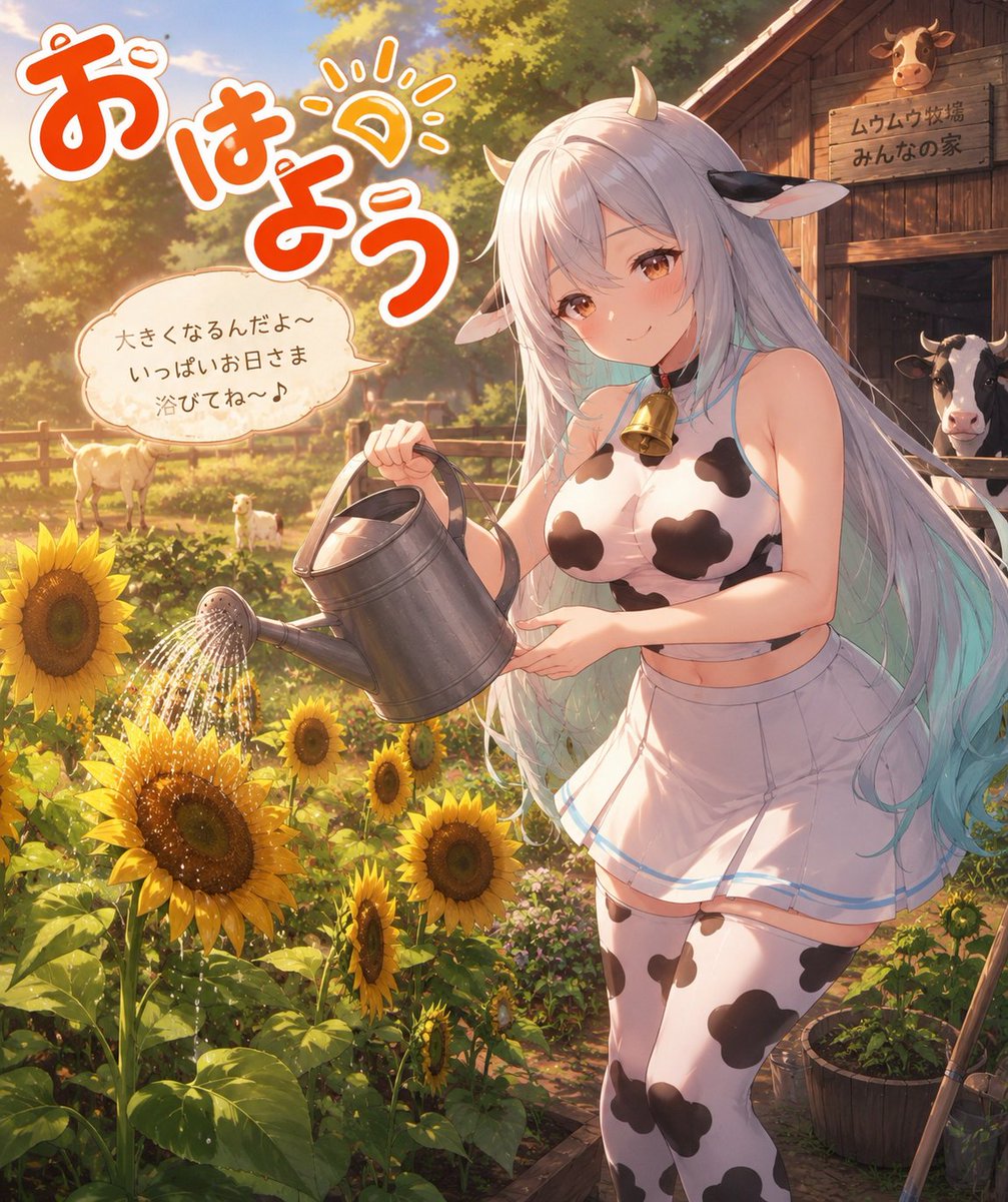 Cow Girl Watering Sunflowers