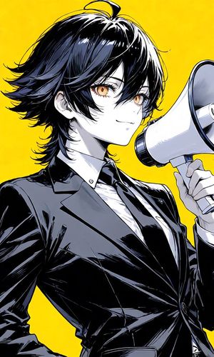 Anime Suit Character with Megaphone — Create a vertical anime-style portrait illustration of {argument name="character name" default="Sol"}, a confident androgy
