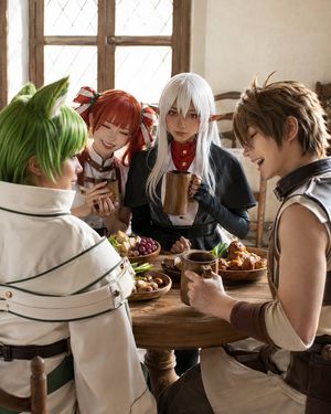 Fantasy Cosplay Tavern Gathering — Create a realistic high-quality cosplay group photo inspired by a fantasy light novel cover, showing…