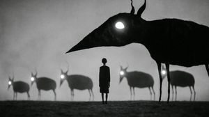 Monochrome Surreal Bird-Beast Encounter AI image template preview