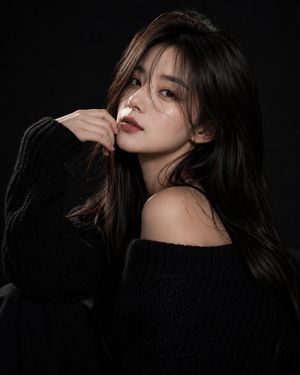 Editorial Fashion Portrait with Black Sweater — Ultra-realistic fashion beauty portrait of a stylish {argument name="subject" default="young woman"} with long s
