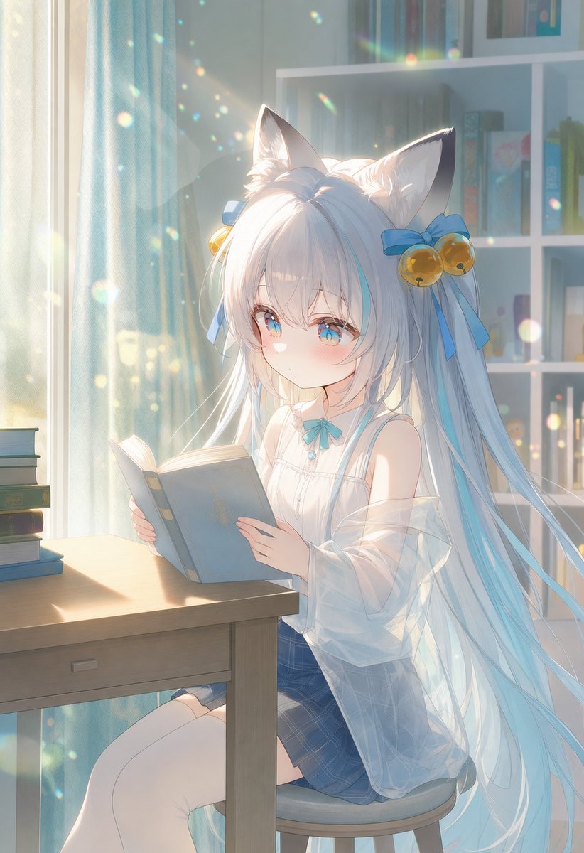 Sunlit Cat-Eared Girl Reading