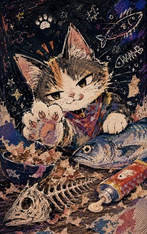 Chalkboard Cat Fish Feast — Create a vertical chalkboard-style illustration of a mischievous cute cat enjoying a messy fish feast, in a niji-like anime storyboo