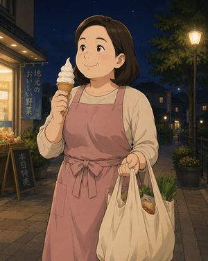 Anime Night Market Grocery Scene — Create a warm, hand-painted anime-style night scene of {argument name="character name" default="a cheerful middle-aged Japane