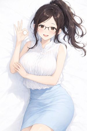Anime Woman Making OK Sign — Create a polished anime-style illustration of a cheerful young woman viewed from above as she lies o…