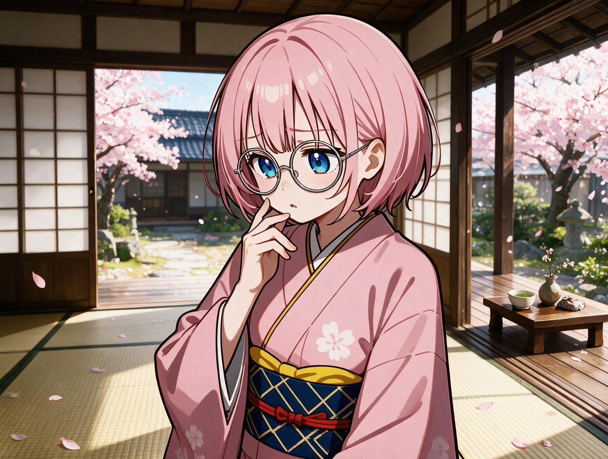 Pink-Haired Kimono Girl in Sakura Room