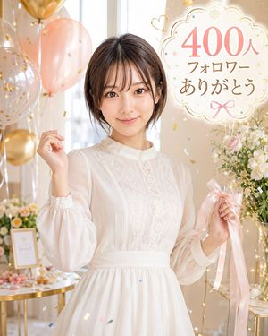 400 Followers Thank You Portrait — Create a vertical photorealistic celebration portrait of a young Japanese woman in a soft, elegant party setting. She stands 