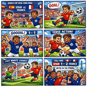 Spain vs France World Cup Comic — Goal: Create a colorful six-panel comic strip predicting a World Cup 2026 semi-final football match…