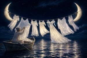 Washerwoman of Forgotten Stars — Create a poetic fantasy night seascape titled {argument name="artwork title" default="The Washerwoman of Forgotten Stars"}: an 