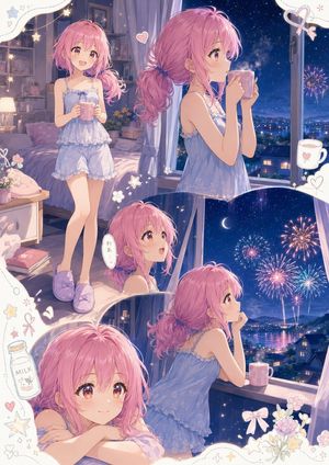 Anime Summer Night Fireworks Collage — Goal: Create a soft anime manga-style summer night collage featuring {argument name="character name"…
