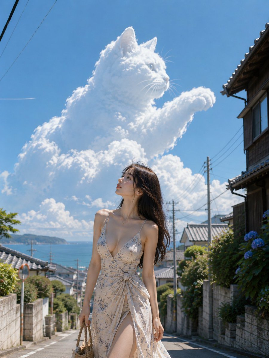 Summer Seaside Slope with Giant Cat Cloud