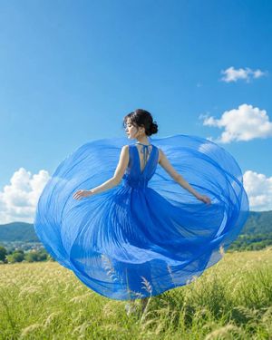 Woman in Blue Dress in a Summer Meadow — 主題：
{argument name="主題" default="青がほどける"}

主体：
縦長4:5のリアル写真。{argument name="ロケーション" default="夏の高原"}に立つ一人の女性を画面中央やや右に配置し、