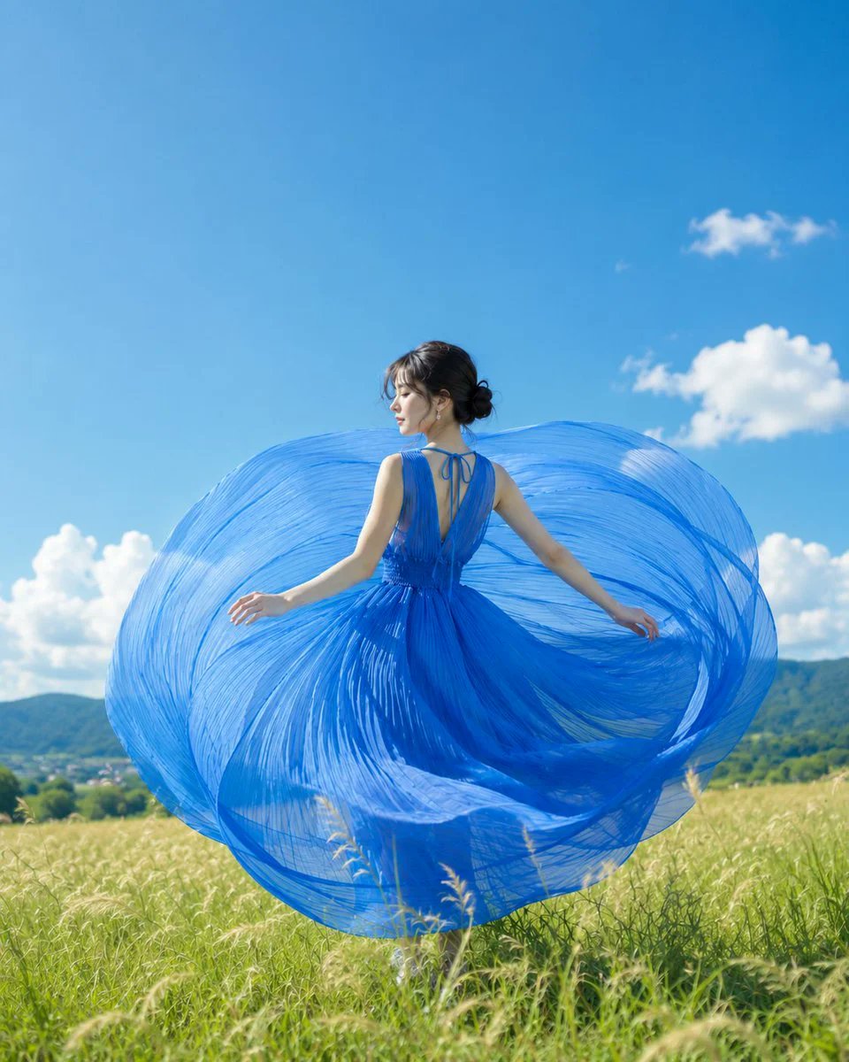 Woman in Blue Dress in a Summer Meadow