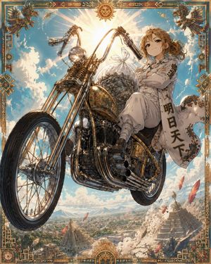 Skyborne Anime Biker in Ancient City — Create a highly detailed vertical anime fantasy illustration of {argument name="character name" defa…