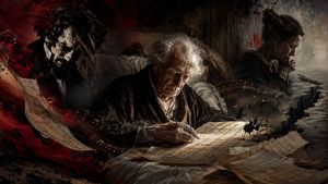 Dying Composer Final Masterpiece — Create a dark cinematic historical photomontage about {argument name="composer name" default="an 84-year-old dying composer"}