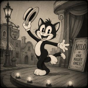 Vintage Rubber-Hose Cat Vaudeville — Create a square 1:1 black-and-white 1930s rubber-hose cartoon scene with faded sepia toning and aged film texture. Center a