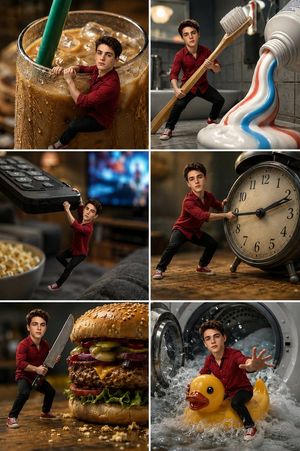 Miniature Man Household Survival Collage — Ultra-realistic cinematic macro miniature photography, a {argument name="layout" default="6-panel ve…