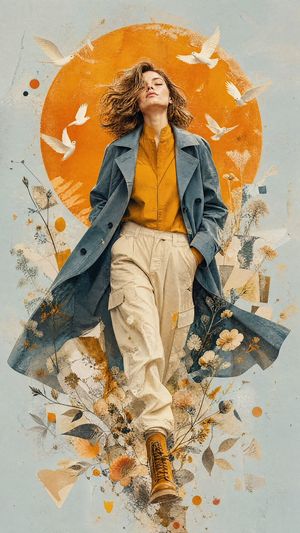 Mixed-Media Editorial Illustration — A premium contemporary mixed-media editorial illustration of a woman as the attached image, walking confidently forward, sy