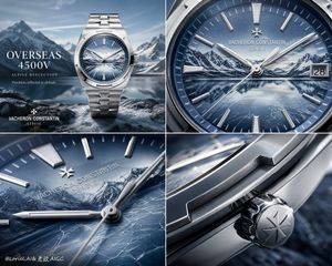 Luxury Watch Alpine Advertising Board — Create an ultra-premium four-panel advertising campaign board for Vacheron Constantin Overseas 4500V…