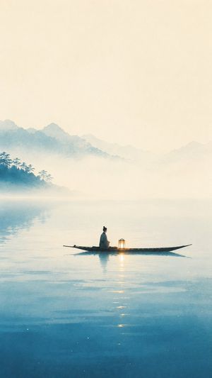 Oriental Zen Minimalist Aesthetic Poster — 主题方向：{argument name="主题" default="东方禅意极简海报"}
风格分支：高对比传播型
主体内容：一位坐在细长竹舟中的人物，手边放着一盏小纸灯
情绪母题：漂浮感、静谧中的温暖、诗意
场景与意象：{argume