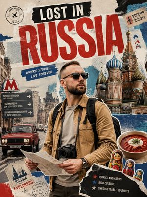 Lost in Russia Travel Collage — Create a vertical vintage travel-poster collage about a solo traveler in Russia, using a gritty torn…