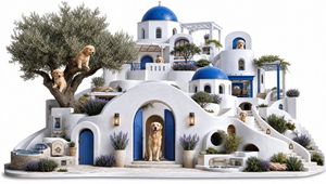 Santorini Golden Retriever Sanctuary — Create a whimsical ultra-detailed architectural diorama of a Greek island dog sanctuary inspired by Santorini, on a clean