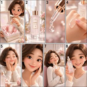 Pixar Style Cosmetic Storyboard — Create a Pixar-style 3D animation storyboard image in 4×2 grid layout (4 columns × 2 rows, numbered…
