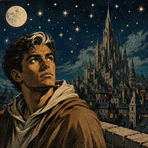 Moonlit Gothic Fantasy Traveler — Create a richly detailed square fantasy illustration in the style of a vintage engraved storybook plate with hand-colored ink 