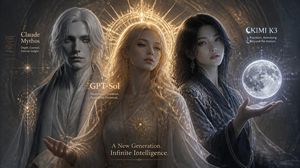 Three AI Deities Fantasy Poster — Create a cinematic dark-fantasy promotional poster for three personified AI models standing shoulder…