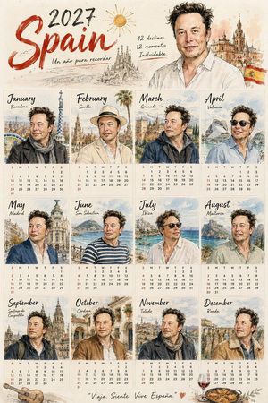 Illustrated Tourist Calendar Poster — Create a {argument name="year" default="[YEAR]"} aesthetic illustrated calendar poster featuring the same mature {argument