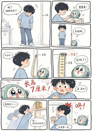 Boy Height Growth Manhua Comic — Goal: Create a cute vertical slice-of-life Chinese webcomic about a boy measuring his height and rea…