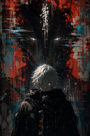 Glitch Street Sorcerer Poster — Create a dark vertical anime street-art poster featuring {argument name="character name" default="Gojo-like white-haired sorcere