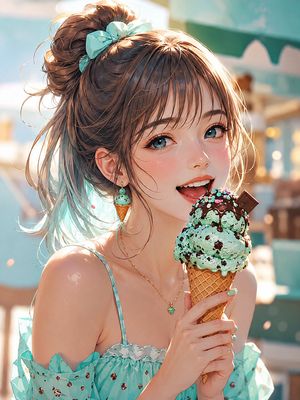 Mint Ice Cream Anime Portrait — Create a polished anime-style close-up portrait of {argument name="character name" default="a cheerful young woman"} at a sunny 