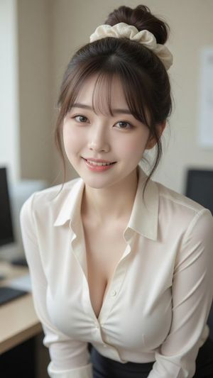 Soft Office Portrait — Create a realistic vertical portrait photo of a smiling young East Asian woman in a softly lit office. She has {argument name="hair color