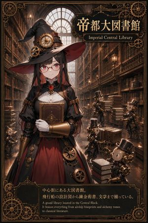 Imperial Steampunk Library Poster — Goal: Create an ornate vertical steampunk anime poster for {argument name="location name" default="I…