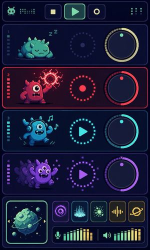 Pixel Monster Music Sequencer UI — Goal: Create a vertical pixel-art sci-fi music sequencer interface showing four cute monster audio t…