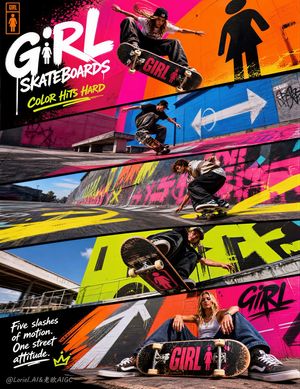 Skateboard Campaign Board Design — Create an ultra-premium five-panel diagonal campaign board for Girl Skateboards, preserving the same…