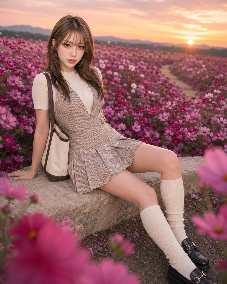 Fashion Portrait in Rose Cosmos Field