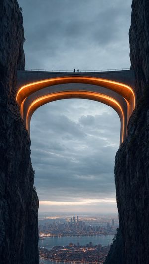 Neon Bridge Over City Canyon — Create a vertical cinematic photorealistic scene of a futuristic concrete observation bridge spanning a narrow gap between two to