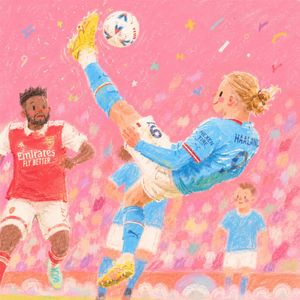 Pink Childlike Soccer Illustration — Using the provided reference image as the composition and action base, transform the soccer scene into a warm, childlike ha