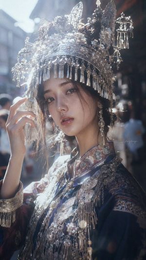 Ornate Silver Headdress Portrait — Create a vertical cinematic portrait photograph of a young East Asian woman wearing an extremely ornate traditional silver ce
