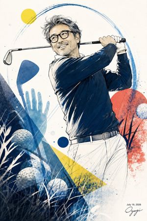 Watercolor Golfer Follow-Through — Create a vertical sports fashion illustration of a cheerful middle-aged Japanese man playing golf, shown from the hips up in 