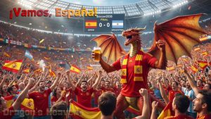Spanish Dragon Stadium Celebration — Create a cinematic wide 16:9 photorealistic sports-fantasy scene inside a packed modern football stadium during a major fin