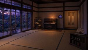 Twilight Japanese Ryokan Parlor — Create a wide cinematic digital painting of a quiet traditional Japanese reception room in an old ryokan-style house at twilig
