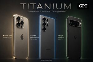 Titanium Smartphone Triptych — Goal: Create a premium editorial comparison triptych of three flagship titanium smartphones side by…