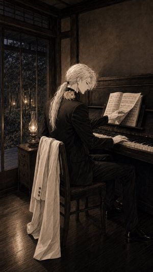 Sepia Pianist in Vintage Room — Create a vertical sepia-toned anime-style album-cover illustration of {argument name="character name" default="a refined young m