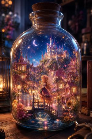 Sunflower Fairy World in a Bottle — Create a highly detailed fantasy illustration of a miniature enchanted world sealed inside a large clear glass apothecary bo