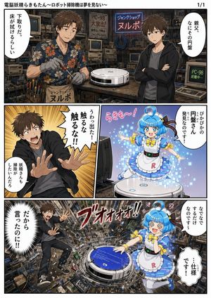 Haunted PC Shop Manga Page — Goal: Create a single-page Japanese manga scene about a haunted computer parts shop where a robot va…